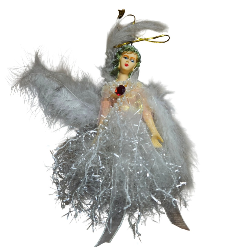 Vintage Fairy Angel Christmas Ornament 6" White Feathers Tinsel Red Rhinestone
